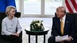 US President Donald Trump (R) and European Commission President Ursula von der Leyen (L) speak to the press after agreeing on a trade deal between the two economies following their meeting, in Turnberry south west Scotland on July 27, 2025.