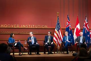 A fireside chat moderated by former US Secretary of State Dr Condoleezza Rice and featuring intelligence chiefs from across the Five Eyes coalition at the Hoover Institution at Stanford University, October 2023. 