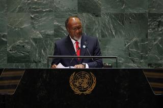 Vanuatu’s Prime Minister Charlot Salwai Tabimasmas speaks during the 79th Session of the United Nations General Assembly, September 2024.