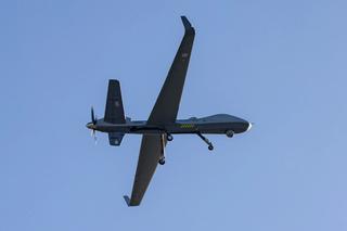 The United Kingdom’s new remotely-piloted aircraft, the Protector RG Mk1, in the skies at RAF Waddington, November 2024.