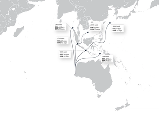 Map of world showing submarine ranges from Australia