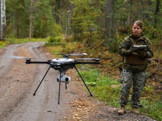 A US Marine employs an R80D Skyraider unmanned aerial system in support of engineer reconnaissance, during exercise Archipelago Endeavor 22 on Berga Naval Base, Sweden, September 2022.