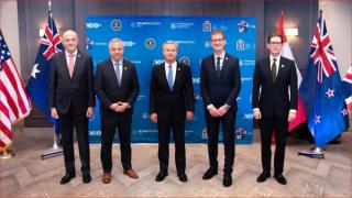Australian Security Intelligence Organisation Director-General Mike Burgess, Canadian Security Intelligence Service Director David Vigneault, FBI Director Christopher Wray, New Zealand Security Intelligence Service Director-General of Security and Chief Executive Andrew Hampton, and MI5 Director General Ken McCallum during the Emerging Technology and Securing Innovation Summit in Palo Alto, California, October 2023. 