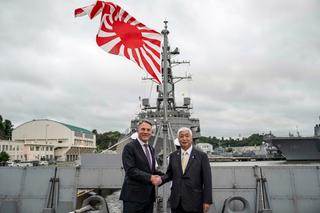 Australia’s Defence Minister Richard Marles and Japan’s Defense Minister Gen Nakatani shake hands ahead of a joint press announcement aboard the Japan Maritime Self-Defense Force Mogami-class stealth frigate in Yokosuka, September 2025.