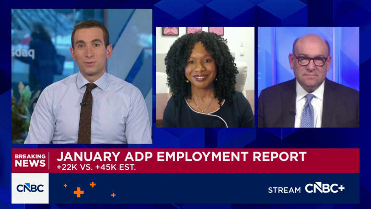 Private payrolls rose by just 22,000 in January, far short of expectations: ADP